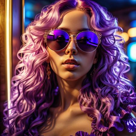 (hdr film grain:1.2), (sunlight:1.3),seductive,
looking at viewer,gorgeous woman wearing  purple, ruffled long colored hair,neon glow,mirror sunglasses, shiny,
intricate detail, photorealism, 8k uhd, dslr, soft lighting, high quality, film grain