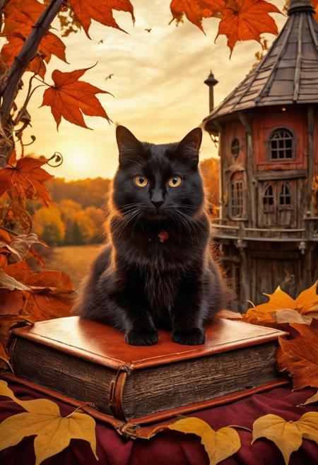 Feline curled atop an antique tome inside Sunflower Cottage, 
surrounded by autumn leaves, 
burnt orange, 
red, 
background featuring archaic barn, 
creatively inspired by Rockwell, 
WLOP, 
Ryniac, 
Craola, 
sunflowers above with golden light, 
cybernetic elements, 
maritime atmosphere, 
feline grace, 
cyberpunk woman, 
wavy hair, 
commanding look, 
twilight market, 
biomechanical-gothic