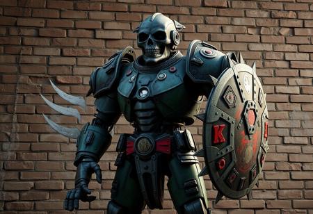 A highly detailed, gritty Junk Berserker robot stands resolute before a weathered brick wall. Plated armor with patina verdigris greens and blues, accented with scarlet and gold. Wears a skull helmet. Wields a heavy weapon in right hand, large shield in left. Cinematic lighting, volumetric light, dystopian sci-fi atmosphere. Rendered in Unreal Engine 5, Octane Render. Matte painting, splash ink illustration style. Impeccable composition, creative angle, Golden Ratio, 4k, high resolution, trending on Artstation, CGSociety.