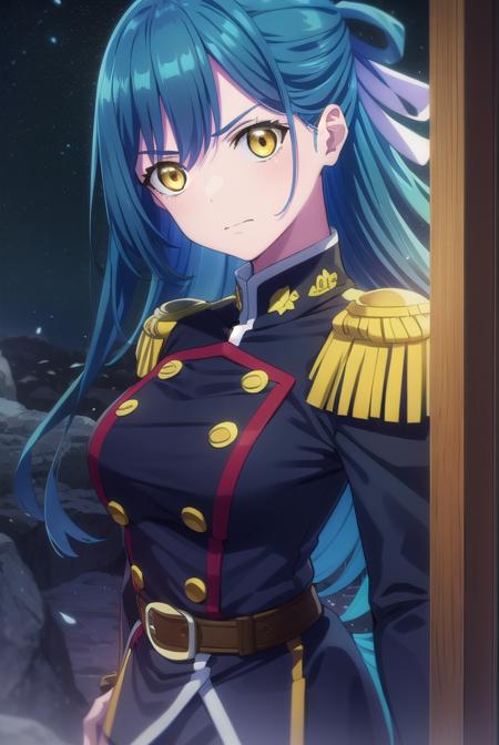 himari azuma, long hair, hair rings, (blue hair:1.5), (yellow eyes:1.3), skirt, thighhighs, epaulettes, military, military uniform, black uniform,