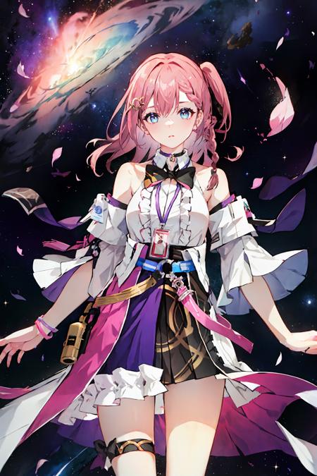 1girl, asta \(honkai: star rail\), detached sleeves, sleeveless shirt, id card, high-waist skirt, overskirt, thigh strap, bracelet, hairpin, belt, bowtie, choker, looking at viewer, parted lips, adjusting hair, petals, floating hair, cowboy shot, depth of field, space, nebula, starry sky, earth \(planet\), masterpiece