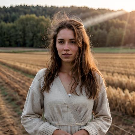 A cinematic full-body portrait of a confident Russian adult farmer woman with pale skin, standing in a foggy rural field during golden hour. She is dressed in deep purple work clothes — practical yet elegant — with soft fabric textures slightly worn from labor. Her hands are visibly roughened from work, and she's holding traditional farming tools or carrying a small woven basket. Her face is defined with natural asymmetry, high cheekbones, and subtle imperfections like faint freckles and slight wrinkles from sun exposure — adding to her authenticity and strength.

Her expression radiates resilience and calm pride, with a gentle smile. Her hairstyle is practical yet feminine — loosely tied, with a few strands catching the light breeze. The lighting is soft and warm, with golden sunlight filtering through light morning fog, creating beautiful volumetric rays around her silhouette. Her skin reflects the warm glow, showing subtle highlights and natural shadows, with realistic detail down to the pores and faint reflections from dew-covered plants around her.

The background features a rustic village landscape: small wooden houses, faded fences, rows of crops, scattered farming tools, and distant birch or pine trees. The earth is rich and slightly muddy, grounding her in her environment. The overall color grading is cinematic and dramatic — with deep purples, warm amber tones, desaturated greens, and moody contrast. Shallow depth of field with soft background bokeh gives a DSLR or ‘Shot on iPhone’ look. Style: ultra-realistic, painterly, film-grade lighting, slightly grainy texture, emotionally resonant and grounded in rural strength