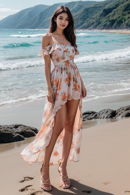 1 woman, detailed, realistic, standing, full body shot, scenic view, beach, high waves
<lora:Off Shoulders Flower Print Dress By Stable Yogi:0.5> orange off shoulders flower print dress