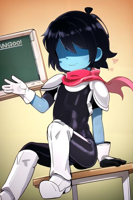 masterpiece, best quality, highres, 1other, hair over eyes, colored skin, solo, blue skin, smile, androgynous, black bodysuit, bodysuit, school, sitting on desk, 1boy, black hair, gloves,red scarf,  <lora:KrisDeltarune:1>, armor, 1girl,