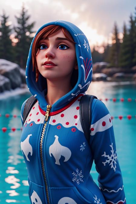 <lora:VRAMsOnesie:0.6>, vramsonsie, 1girl, solo, blue eyes, brown hair, onesie, hood, bokeh, winter, cinematic, swimming, blurry background, closeup, underwater, god rays