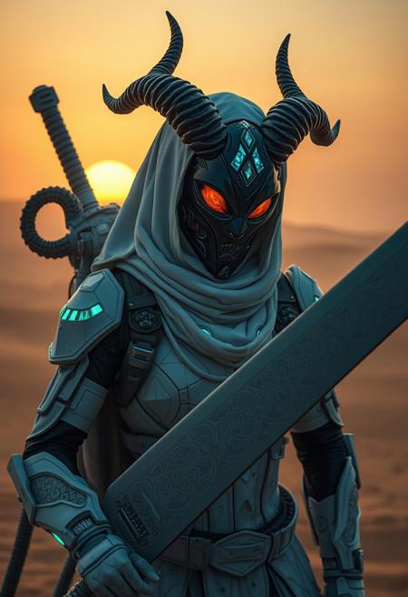 A apoclypse surreal cyberpunk setting under a gritty bleaked beige and blue-turqoise misty desert sunset, a Closeup Portrait of an eerie horned hkgod sci-fi shinobi nun-scout with billowing octopus backpack in a sandstorm, their holographic crystalline mask glinting like shattered rainbows. Iridescent black amber teal energy veins pulse across their form. The atmosphere is thick with heat distortion, glowing particles floating in the air. dark atmospheric lighting, white cybernetic armor. Wielding a massive sss great sword with intricate translucent engravings, hknuns