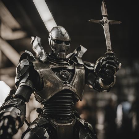 photo a close up of a robot holding a sword, 8k, cinematic, detail, grimdark