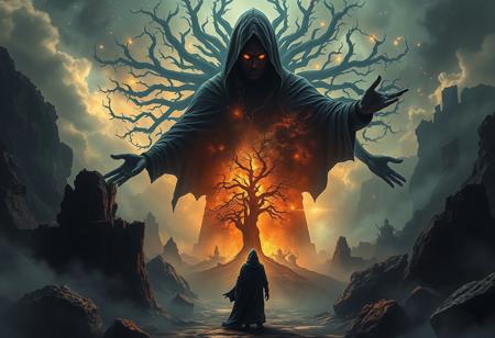 A universe inside a dark cloaked figure within mysterious landscape in an unfathomable realm of fantastic creation inhabited by ancient shadows of a forgotten time beyond the gate of the gateless gate where life is limitless, light is shadow and shadow is light, eerie sense, horror, spark of the beginning, existence and nonexistence at once, ethereal, outstretched arms, behold the end of the beginning, inglorious glory to the dark one, betrayal of the ancient order, beware the 7headed beast, destroyer of the old ways, bearer of the unbearable, nightmarish, archaic runes, tree aging backwards, breath of the gods, ruins of a place unimagined, extreme intricate detail, photorealistic, beyond epic scene, fate discarded, unseeable face of god, the end is the beginning, the beginning is the end, man arises as god dies, as above so below, as below so above, emerald tablet, thoth, guardian and saboteur of existence, hopeless hope, ghosts of the unborn, conception of the inconceivable, cosmic well of imperceptible perception, evil aura, infinite emptiness, pillars of void, overwhelming subtlety, abstract sacred geometry, beams of readiness without intention, gift of doom, despair of the ages, hidden secret warnings from dead gods, carved by the conductor of unholy loneliness of time incarnate, consumed by the night itself, beautiful tragedy of hellish discovery, unraveling mist of unreal reality, ungodly seductive repulsion, proclaim the nameless name of collapsed eternity