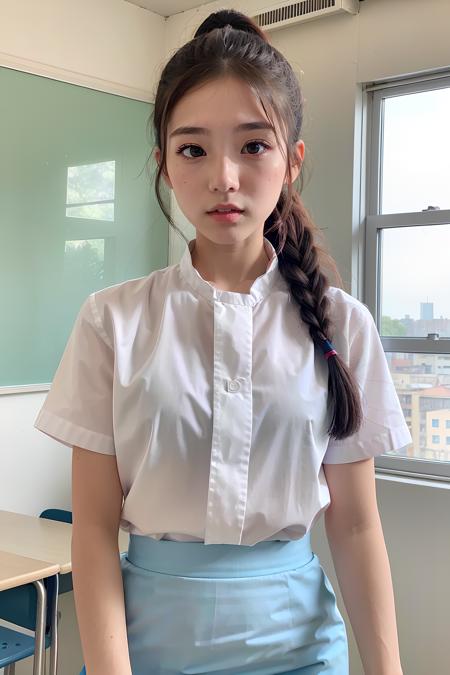 1woman, 18yo, classroom, full face, (looking at viewer:1.5), masterpiece, best quality, HDR,UHD,8K, <lora:mcs:0.75>, mcs, white shirt, blue skirt, cute, Ponytail,