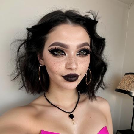 masterpiece, best quality, expressive, 1girl, toned body, fit, pale skin, long blonde hair, medium breasts, green eyes, (long black eyelashes:1.5), (dark eyeliner:1.5), glossy pink lips, big bimbo lips, (freckles:1.2), small necklace, 
messy bedroom, posters on the wall, lava lamp,
smiling, navel piercing, loose crop top