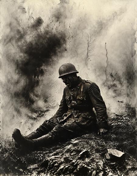 world war 1 soldier at verdun, (dying), (hit by bullet), ((impact)), ((chest exploding)), (splatter) , falling backwards, screamin in pain  <lora:Desolation:1.1>