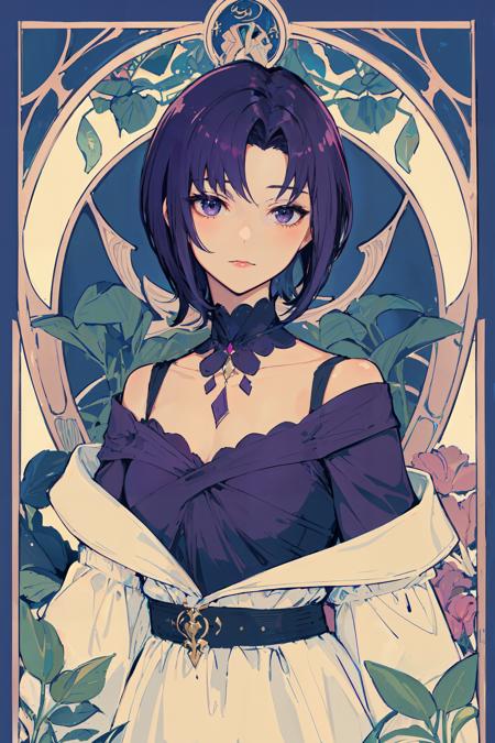 ((masterpiece:1.2, best quality)), 1girl, solo, dark purple hair, short hair,  (art nouveau:1.4), (tarot:1.3), alphonse much,sideburns,dress,white dress,bare shoulders,off shoulder, <lora:CarolV3.5:0.7:MIDD>,upper body,