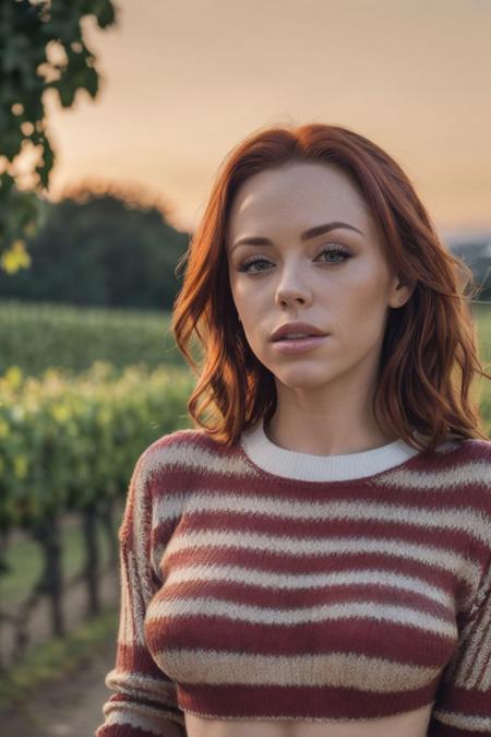photo of S138_EllaHughes, an attractive woman, on a (wine-yard:1.2), wearing a (striped-sweater:1.2) and a (skirt), (sunset:1.1), (8k, RAW photo, best quality, depth of field, ultra high res:1.2), (absurdres, intricate, photorealistic, masterpiece, ultra-detailed:1.3)