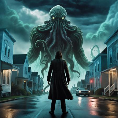 a man standing in the middle of a street under a cloudy sky, cthulhu rising from the ocean, film key art, chris saunders, justin sun, bitter, ruler of the demons, ominous night mist, davy jones with tentacles, dark neighborhood, the most epic, banshee,