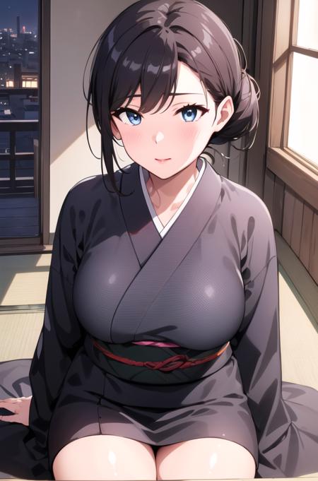 (Night:1.7), Japan, Tokyo, CityView, Before Window,
Standing at attention, Sitting on tatami,
Black_japanese clothes,kimono, yakata, 
 <lora:Mrs_Yukinoshita_OreGairu-KK77-V1:0.7>,
low_ponytail,brown eyes,brown hair, bangs,Hair_bun,
1 girl, 20yo,mature female,Beautiful Finger,Beautiful long legs,Beautiful body,Beautiful Nose,Beautiful character design, perfect eyes, perfect face,
looking at viewer, in the center of the image,
NSFW,official art,extremely detailed CG unity 8k wallpaper, perfect lighting,Colorful, Bright_Front_face_Lighting,
(masterpiece:1.0),(best_quality:1.0), ultra high res,4K,ultra-detailed,
photography, 8K, HDR, highres, absurdres:1.2, Kodak portra 400, film grain, blurry background, bokeh:1.2, lens flare, (vibrant_color:1.2)
(Beautiful,Large_Breasts:1.6), (beautiful_face:1.5),(narrow_waist),