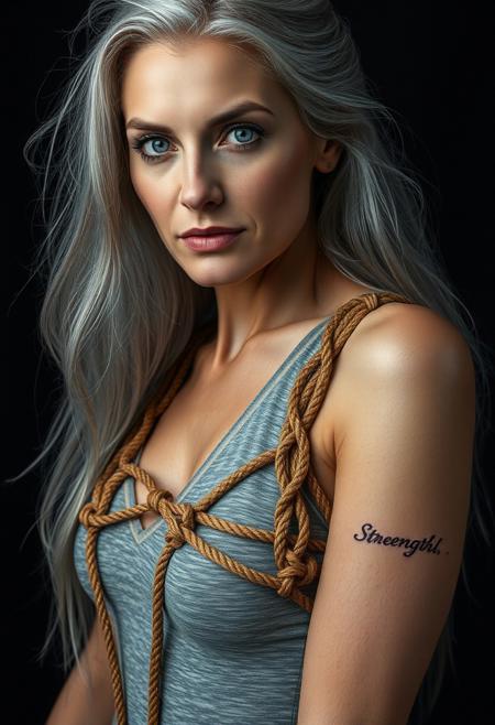masterpiece portrait of a mature woman::1.4, cinematic photography style::1.2, photorealistic art::1.1, (physical description: fair-skinned, slender yet strong build, long flowing silver hair::1.1), (facial features, expression: clear blue eyes, delicate features, light makeup, direct gaze, neutral and composed expression with subtle underlying strength::1.0), (clothing details: form-fitting grey heathered stretch bodysuit meticulously adorned with complex, light brown rope shibari harness in intricate geometric patterns::1.0), (accessories: subtle "Strength" tattoo on left forearm::0.9), (background setting: minimalist, pure deep black studio backdrop, creating striking contrast::0.9), (lighting style: soft, professional studio lighting, even illumination, subtle highlights on hair and skin::0.8), (composition and camera framing: full-body, symmetrical centered pose, eye-level medium shot, ample negative space above and below::1.0), (emotional tone or theme: calm dignity, quiet power, controlled beauty, artistic expression, serenity::0.9), (technical execution: high resolution, sharp focus, naturalistic textures, deep blacks::0.8)