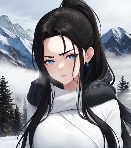 masterpiece, highest quality, 1girl, black hair, blue eyes, hair pulled back, half-closed eyes, painterly, portrait, long hair, solo, v-shaped eyebrows, mountain, snow, coat, looking to the side, mist, blurry background