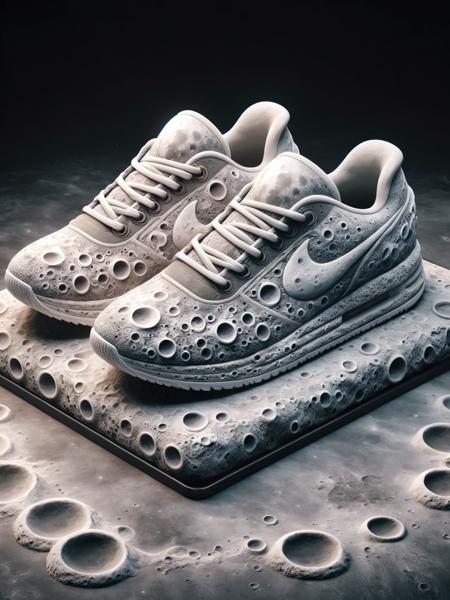 <lora:Lunar_Surface_SDXL:1> ais-lunar sneakers on a display stand