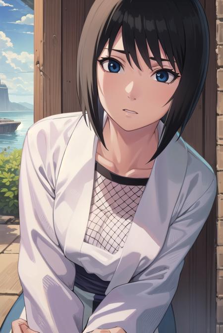 kunoichishizune, <lora:kunoichi shizune-lora-nochekaiser:1>,
shizune, short hair, black hair, (black eyes:1.3),
BREAK long sleeves, collarbone, japanese clothes, fishnets,
BREAK outdoors, forest, nature, trees, grass, sky, clouds, sun,
BREAK looking at viewer, (cowboy shot:1.5),
BREAK <lyco:GoodHands-beta2:1>, (masterpiece:1.2), best quality, high resolution, unity 8k wallpaper, (illustration:0.8), (beautiful detailed eyes:1.6), extremely detailed face, perfect lighting, extremely detailed CG, (perfect hands, perfect anatomy),