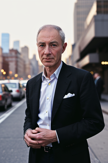 JRobertOppenheimer, photography by (Rodney Smith:1.3), ((upper body focus, shoulders)), modelshoot, pose, (business suit, black jacket, white shirt, open collar, facing viewer, busy Manhattan sidewalk, looking at viewer, blurry background, bokeh, ID photo:1.3), serious look