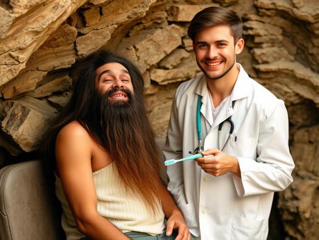 The image shows a young man with long dark hair and a long beard sitting on a couch in front of a stone wall. He is wearing a white lab coat and a stethoscope around his neck. Next to him, there is a young male doctor wearing a blue coat and holding a toothbrush in his hand. He has a big smile on his face and is looking at the camera. The doctor is standing next to the man with a friendly expression. The background is blurred, but it appears to be an outdoor setting with natural stone walls.
