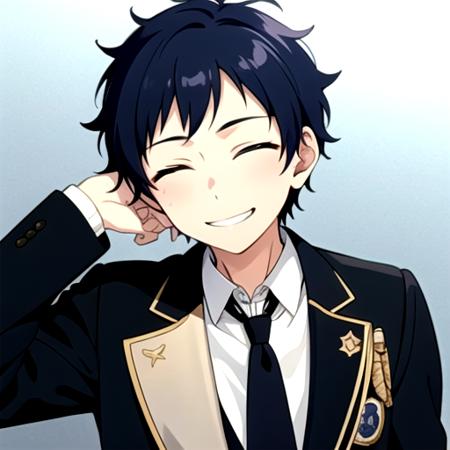 <lora:YuzuruES-04:0.8>, yuzuru_es, smile, black hair, school uniform, jacket, closed eyes, upper body, necktie, water, chibi, shaded face, black necktie, false smile