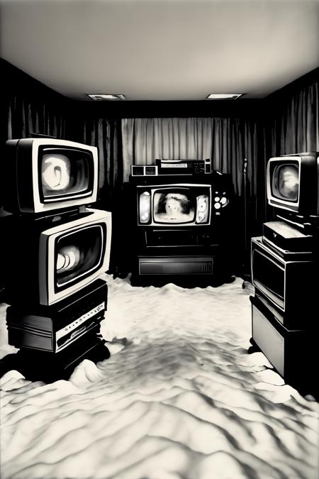 A room filled with vintage television sets, monochromatic snow, distorted faces, whispers in the static.