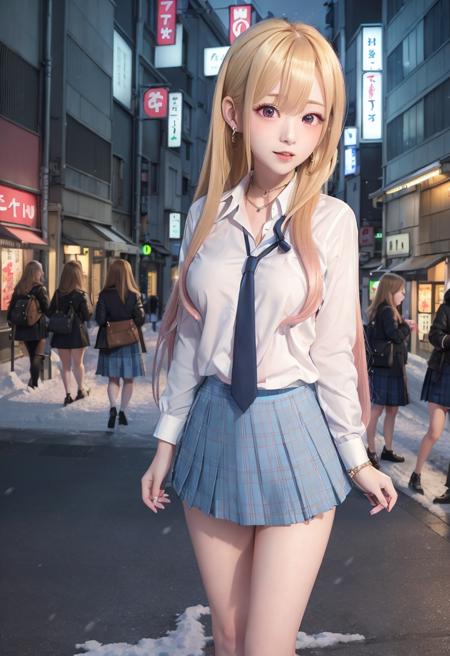 (masterpiece:1.1), (best quality:1.0), (ultra highres:1.0) ,(8k resolution:1.2),(realistic:1.0),(ultra detailed1:1), (sharp focus1:0), (RAW photo:1.1), (lighting:1:1), Tokyo street, (night:1:1.2),

 1girl, Marin, (Blonde to pink gradient long hair1:1.1), small breasts, sex smile, (ear piercing:1:1), earrings, red_eyes, looking_at_camera,  (night street snow:1:1.2), 

(white skirt:1:1), (blue_pleated_skirt:1:1.1), plaid skirt, panties, stocking, (blue necktie:1:1),

 <lora:Marin:0.5>