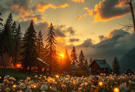 a warm elfen village, dim sunset, soft fog, fine detailed clouds here and there, tall trees, a tiny toy minion between white glowing flowers, soft bloom effects, wooden buildings, on a mountain side, mountains in background, dramatic lighting,
Shot with a full-frame DSLR, 85mm lens and shallow depth of field, slight post-processing contrast boost and warm tone grading.