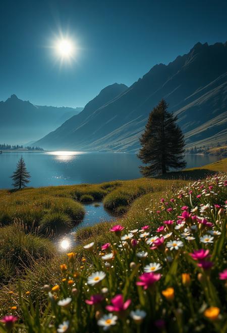 masterpiece, best quality, ultra-detailed, realistic, 8k, RAW photo, award winning realistic scenery photography, perfect shadow, perfect natural lighting, rich colors, perfect composition, perfect colors, perfect complexion, perfect intricate detailed, lakes, surreal, lifelike, real life scenery photo, top quality, trending on artstation, meadows, glitter, moonlight, Crystal landscape, Crystal flowers, Crystal fantastic, out-of-this-world scenery, perfect reflection on water, depth of field,