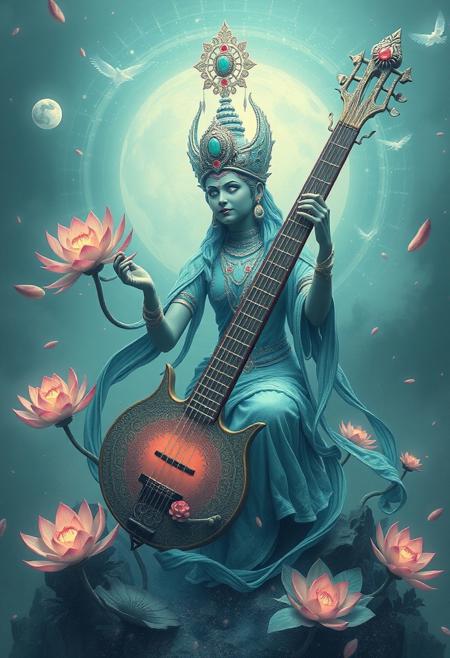 "Lotus Saraswati , octocore, fusepunk, petrol colored, tuba, illusion,  limitless, pale, chaotic, ultra detailed, cinematic  "