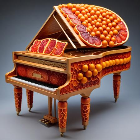 a piano made of blood oranges, blood orange style, masterpiece, best quality, highly detailed, sharp focus, dynamic lighting