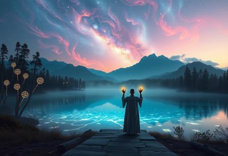 A mystical, ethereal landscape at twilight with a glowing crystal lake at its center, reflecting a radiant, multicolored sky of swirling nebulae and distant galaxies. Tall, bioluminescent trees with intricate, glowing patterns line the edges of the lake, while delicate mist swirls above the water’s surface. At the horizon, majestic mountains rise into the sky, their peaks crowned with iridescent clouds. In the foreground, a lone figure dressed in flowing robes stands on a smooth stone path leading to the lake, their hands raised in a gesture of summoning magic, surrounded by softly glowing orbs of light. The scene is infused with an otherworldly calm and deep sense of wonder, as if time itself is slowing down in this serene, alien realm.
