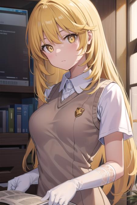 misakishokuhou, <lora:misakishokuhou:1>, misaki shokuhou, blonde hair, hair between eyes, long hair, symbol-shaped pupils, (yellow eyes:1.5)
BREAK elbow gloves, gloves, school uniform, short sleeves, summer uniform, sweater vest, tokiwadai school uniform, white gloves,,
BREAK indoors, classroom,
BREAK looking at viewer, 
BREAK <lora:GoodHands-vanilla:1>, (masterpiece:1.2), best quality, high resolution, unity 8k wallpaper, (illustration:0.8), (beautiful detailed eyes:1.6), extremely detailed face, perfect lighting, extremely detailed CG, (perfect hands, perfect anatomy),