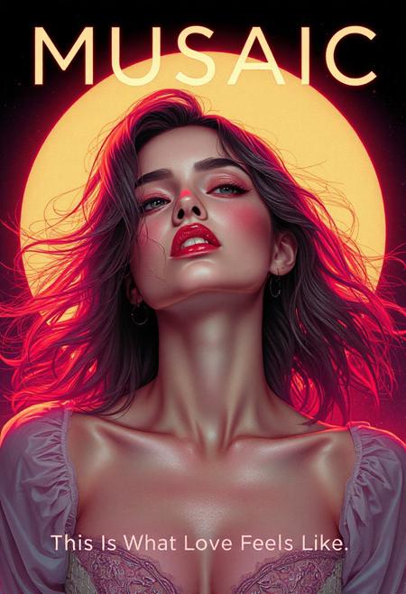 high quality design aesthetics, disco, synth pop, dynamic, detailed, pop album cover, melancholic, beautiful young white woman, artist name "MUSAIC", album title "This Is What Love Feels Like"