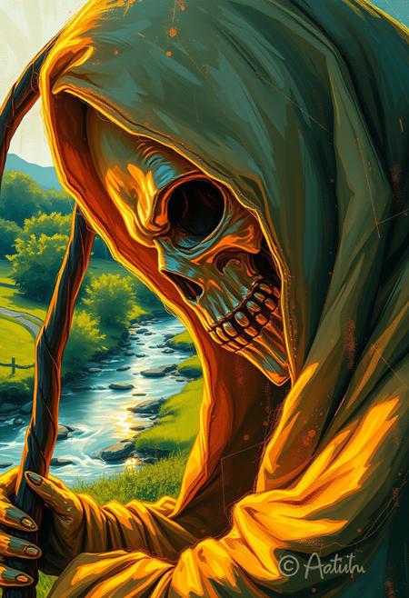 An extreme macro close-up of a Reaper figure, glowing warm golden. The image features intricate details and radiant luxurious textures in a French countryside setting with a flowing river and clusters of trees.  The impressionistic style utilizes loose brushstrokes and vivid greens, soft blues, and warm yellows.