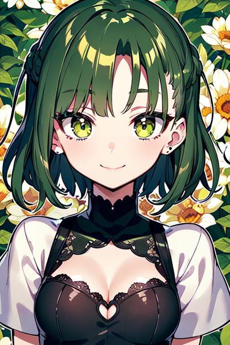 best quality,finely detailed beautiful eyes and detailed face,high quality, masterpiece, 1girl, solo,from front, looking at viewer,flower garden, cowboy shot, short hair, floating hair, (hair slicked side:1.4), (dark green hair:1.5), eye shadow, blank stare, long eyelashes, (brown mascara:1.0), (dark green eyes), (smiling face), closed mouth, (small mouth),medium breast,(small head),(black dress:1.3), cleavage cutout, lace trim, short sleeves, shurg, turtleneck