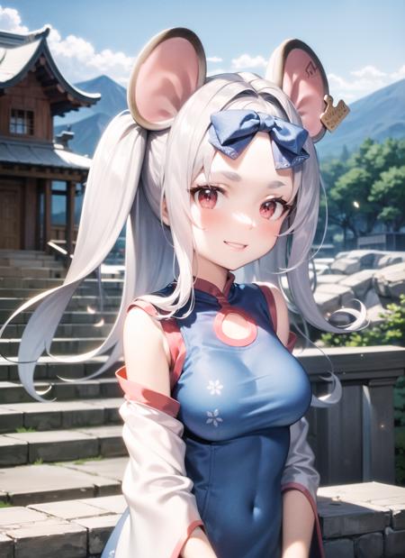 <lyco:saya1-000007:1.0>, sayadef, upper body, smile, blush, outdoors, day, simple background, blue sky, sky, temple, looking at viewer, stairs, mountain, moody lighting, facing viewer,