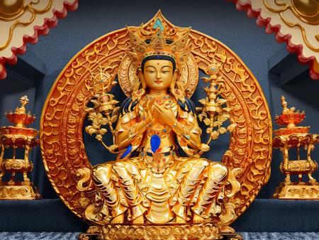 Mila, Maitreya Bodhisattva,Maitreya, a golden statue of a buddha sitting on a blue carpeted floor with a red background and a red wall, 1girl, closed_eyes, gold_trim, jewelry, magic_circle, necklace, red_background, roman_numeral, solo, sun_symbol