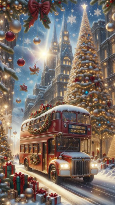 <lora:ChristmasDecorativeStyle:1>ChristmasDecorativeStyle a red double-decker bus passing in front of a grand museum, (Masterpiece:1.3) (best quality:1.2) (high quality:1.1)