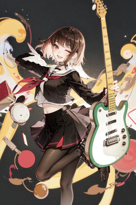 masterpiece, best quality, extremely detailed, detailed background, detailed face,blunt bangs, 1girl, solo, pantyhose, one eye closed, skirt, school uniform, smile, brown pantyhose, electric guitar, guitar, serafuku, red eyes, brown hair, instrument, looking at viewer, braid, black skirt, sailor collar, holding, open mouth, shirt, short hair, ;d, pleated skirt, long sleeves, black footwear, crop top, white background, black shirt, shoes, neckerchief, simple background, plectrum, black serafuku, miniskirt, midriff, standing, loafers, red neckerchief, id card, leg up, standing on one leg, black pantyhose, holding instrument, from side