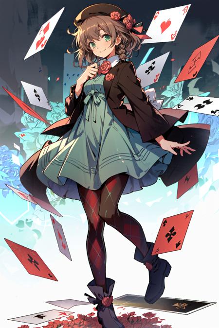 (masterpiece, best quality)
HeroineAmnesiaAnime, 1girl, solo, smile, short hair, brown hair, hat, dress, ribbon, green eyes, jacket, full body, braid, flower, heart, pantyhose, boots, rose, beret, red flower, card, argyle
 <lora:HeroineAmnesiaAnime:0.9>