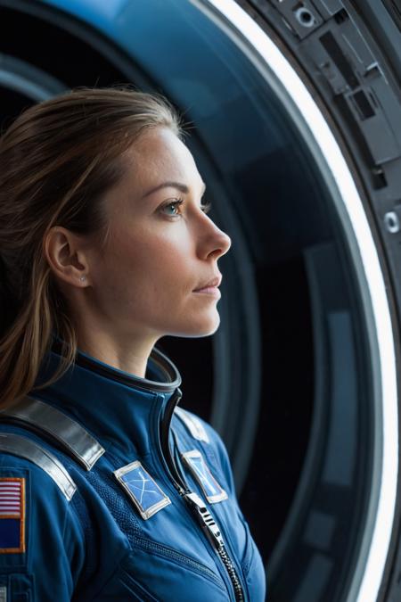 fit female in a space station looking out a cupola window with her hands on the glass, wearing a flight suit,  photorealistic, (zero gravity), side profile view, lens flare, wide angle lens, long floating hair