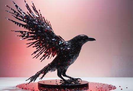 Reconstruction of a shattered black glass Crow sculpture in soft, dreamlike motion. Full-body side view with red glitter, motion blur, and floating crystals. Warm, ethereal lighting, ultra-sharp focus, and pastel colors for a tranquil, renewing effect