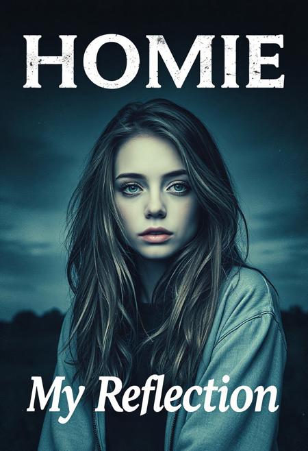 high quality design aesthetics, blues rock, grunge, dynamic, detailed, alternative indie blues rock pop album cover, melancholic, young white woman, melancholic, artist name "Homie", album title "My Reflection"