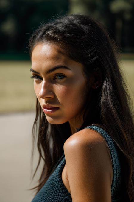 Realistic photo of a beautiful m3g4nf0x-v2 woman,   1girl, solo, long hair, looking at viewer, blue eyes, simple background, black hair, closed mouth, lips, black background, portrait, realistic, nose, soft lighting, professional Photography, Photorealistic, detailed, RAW, analog, sharp focus, 8k, HD, DSLR, high quality, Fujifilm XT3, film grain, award winning, masterpiece<lora:m3g4nf0x-v2:1.0>