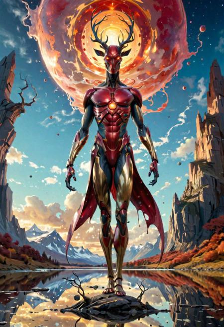 "3d render of (greatest vision with logical wisdom of mytical creature of future, stunning portrayal)),very dynamic  Position,mid-shot, confident, stand tall, , Iridescent , dark,  reflections,  growth (by Ben Shahn+peter mohrbacher)Very distinctive painting manner, subdued colors with splashes of crimson and gold. Subdued,Vivid,Scenes, Illustrative,unreal engine 5, Fine lines,magic realism, final 3d render,(((masterpiece))),(((best quality))), ((ultra-detailed)), UHD,HDR,64K, --v 6"