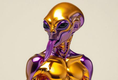 abstract male alien model in latex shiny full body outfit  avant-garde style with reflective gold and purple bold Color Scheme   He has a small nose and slim mouth with a long tongue