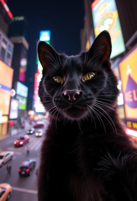 A close-up selfie of a black cat  with a smirk, perched on the edge of the Time Square at night. The background is filled with flashy, colorful lights illuminating the iconic structure. The bear's expression is mischievous, captured with dynamic lighting and a centered composition.