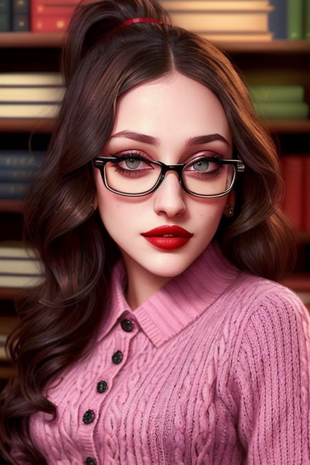 photo of beautiful katdennings-2608:0.99, a woman, (ponytail), ((indoors, books, bookshelves):1.2), ((collared shirt, glasses, sweater):1.2), ((closeup, portrait):1.1) ((best quality, masterpiece):1.2), ((red lips, eye shadow, eyeliner):1.1), (photorealistic:1.2) (best quality) ((detailed eyes, detailed face):1.2)(intricate details) (8k) (HDR) (cinematic lighting) (sharp focus)